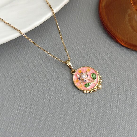 Vintage Floral Enamel Necklace – Pink Rose Pendant, Monet Garden Inspired - Picture 1 of 5